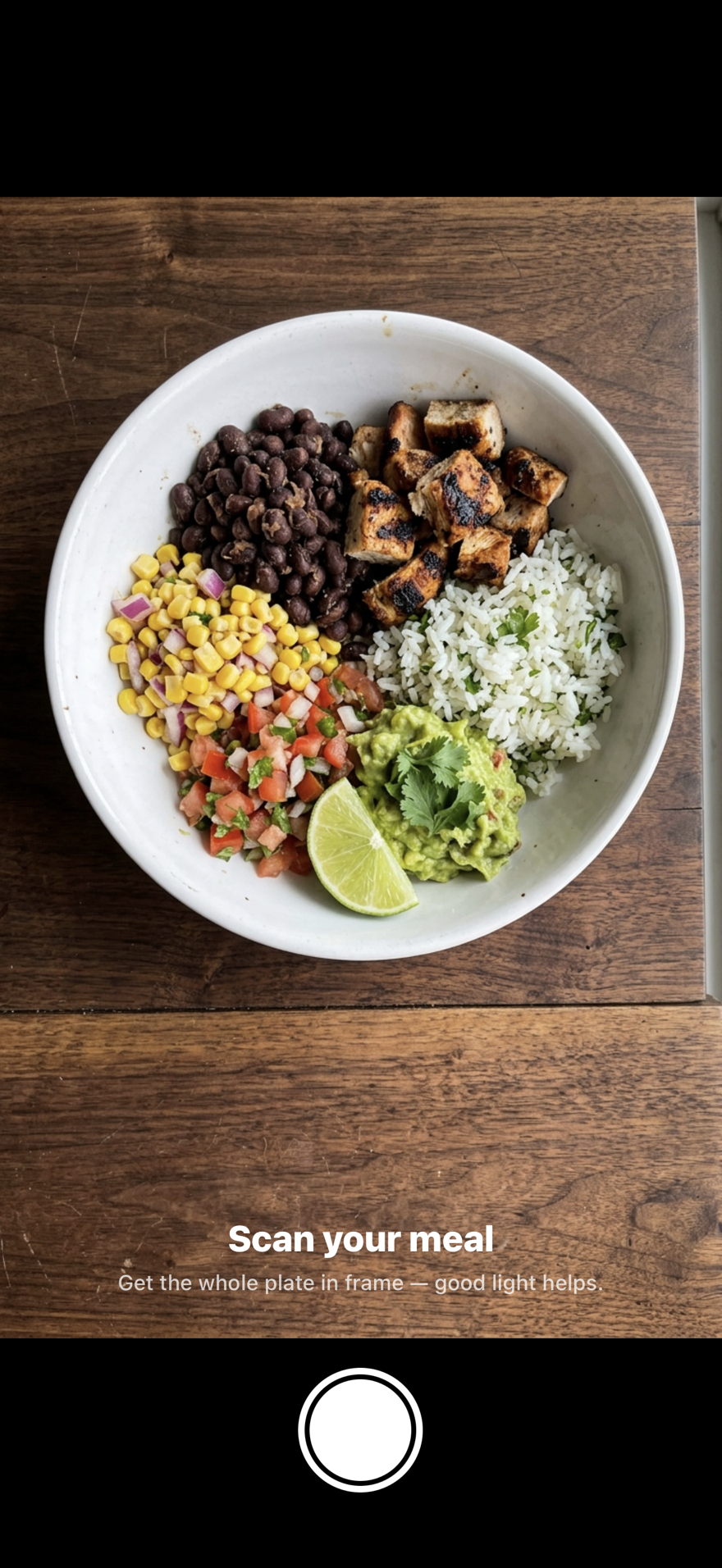 123 Cal's photo food scanner framing a chicken burrito bowl