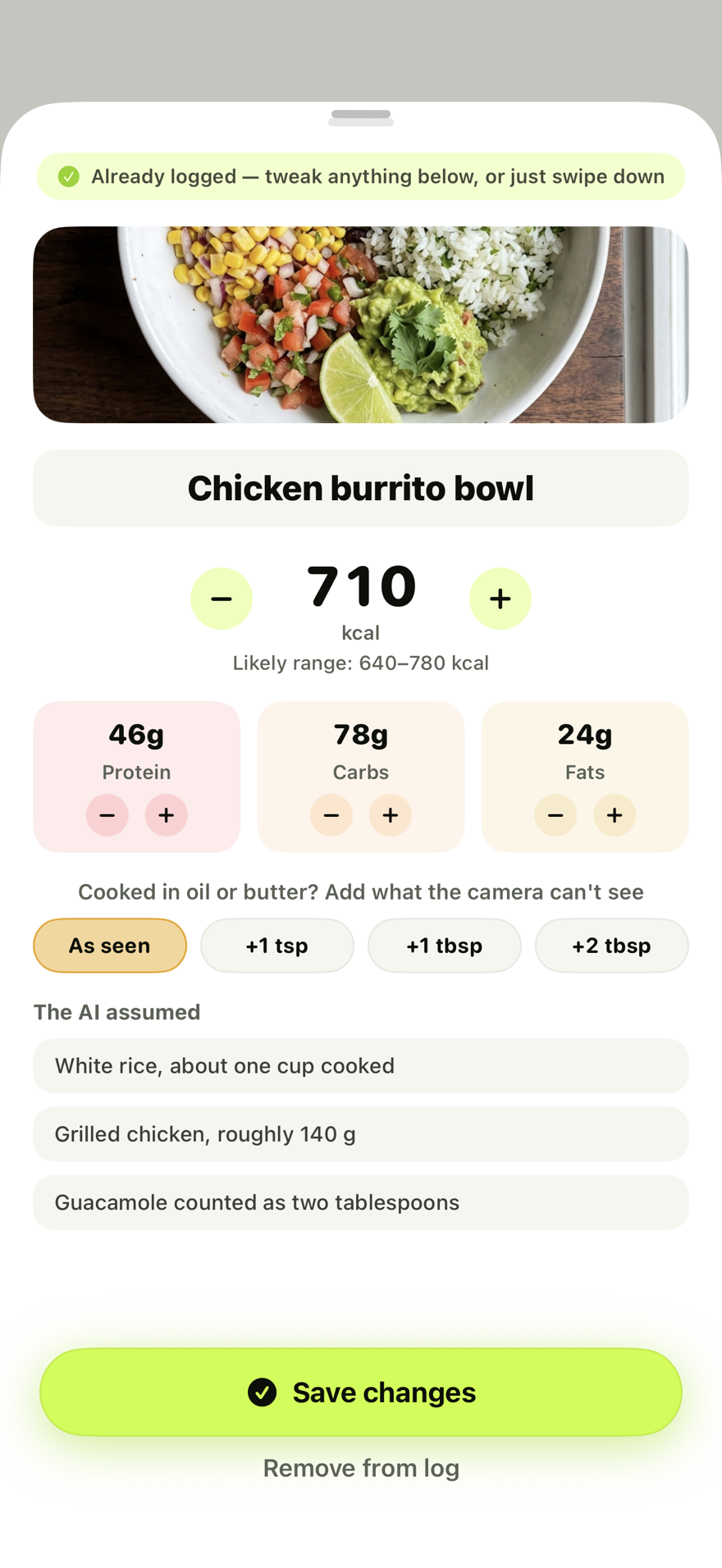 AI meal analysis showing 710 estimated calories and 46 grams of protein, with editable macros
