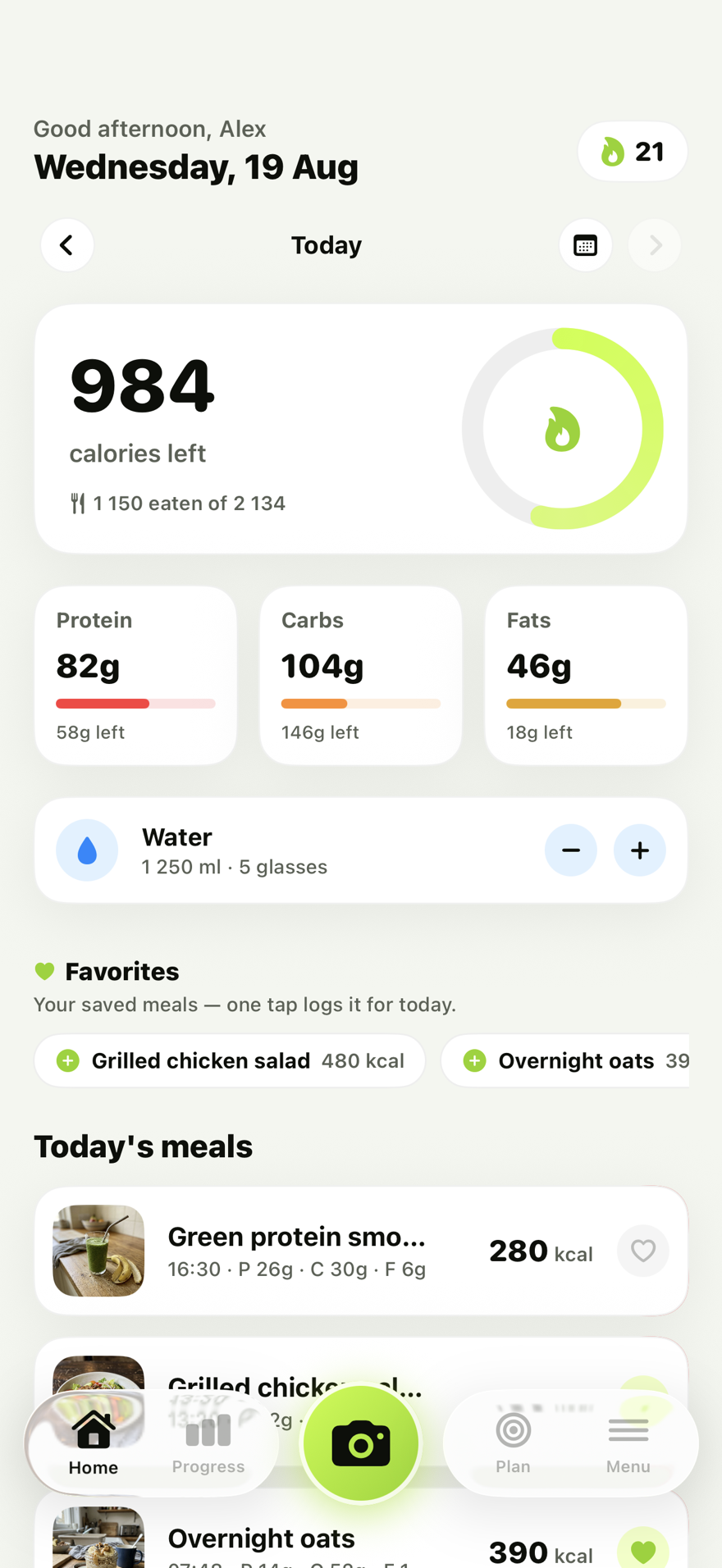 123 Cal daily dashboard showing remaining calories and protein, carbs and fats