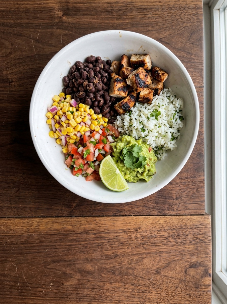 Chicken burrito bowl with rice, beans and vegetables