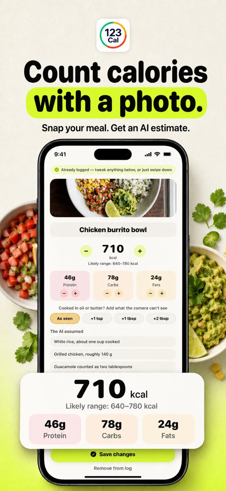 123 Cal: a meal-photo estimate.