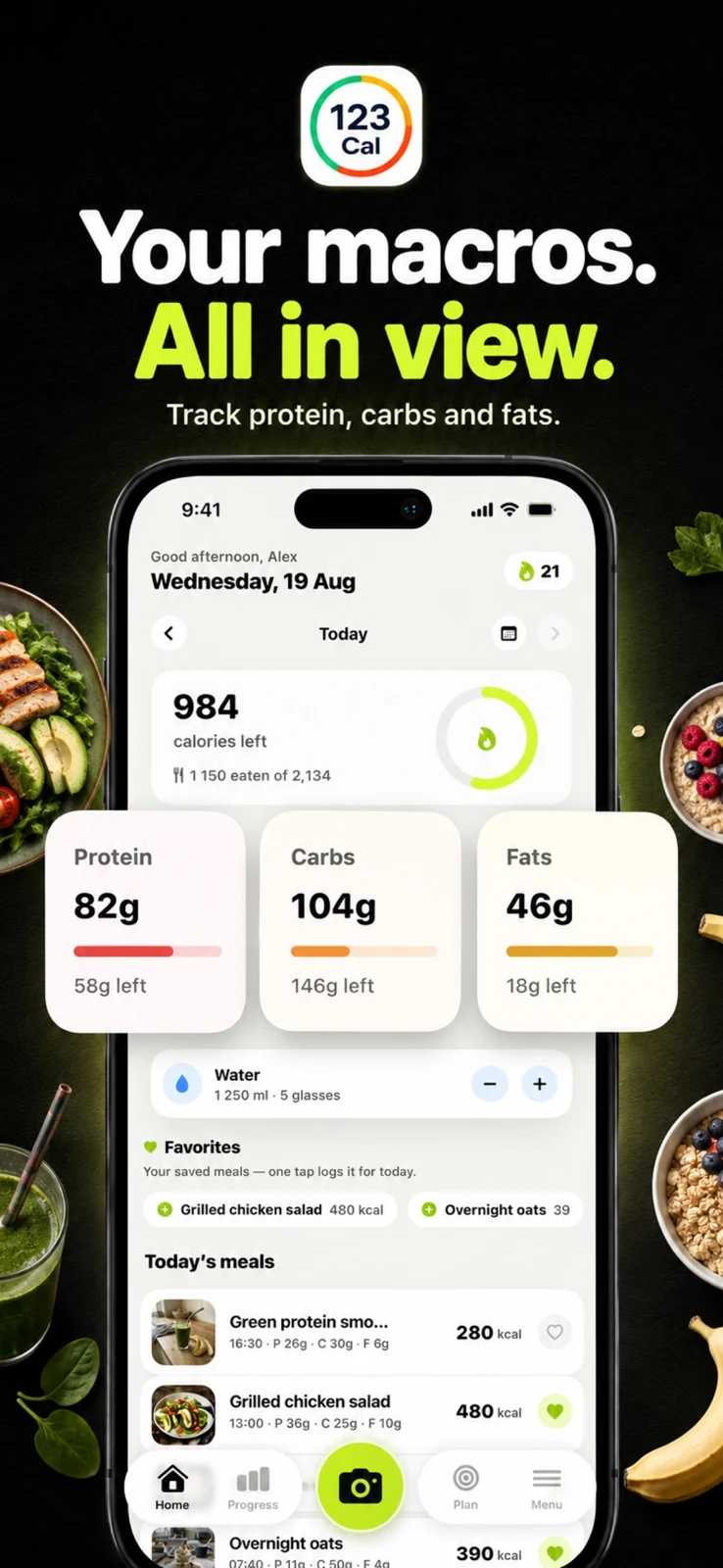 123 Cal iPhone artwork with calorie and protein, carbohydrate and fat totals