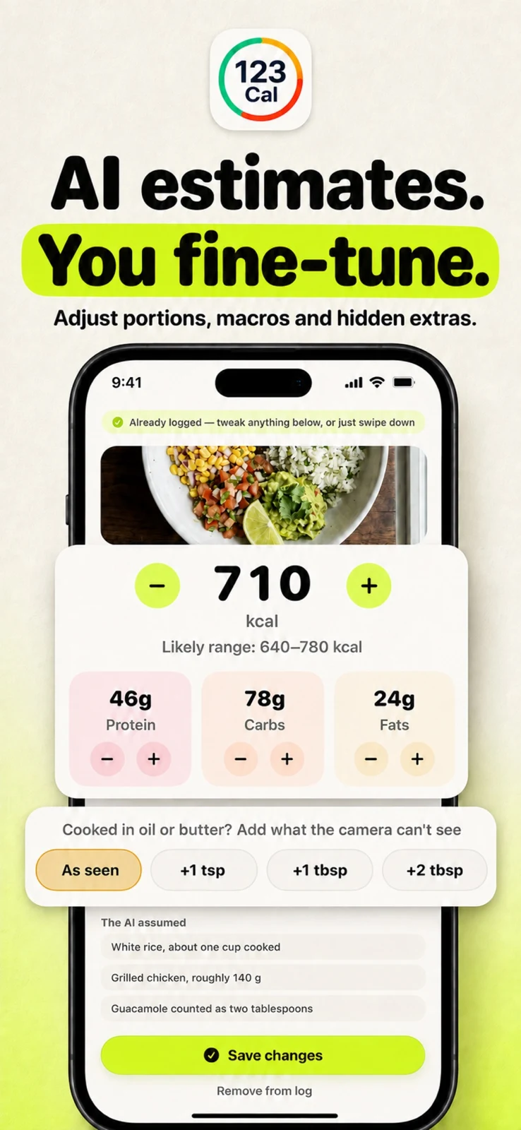 123 Cal: editing a meal estimate.