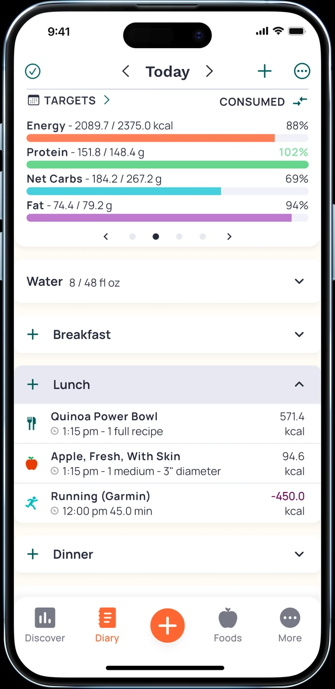 Cronometer iPhone diary artwork with energy, protein, net carbohydrate and fat target bars