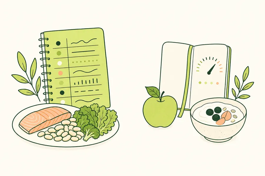 Food diaries with trend lines and a target gauge beside everyday meals