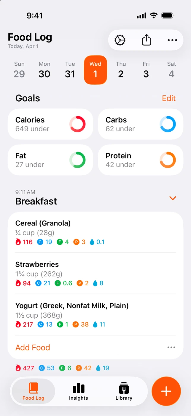Foodnoms iPhone food log with calorie, carbohydrate, fat and protein goals above breakfast entries