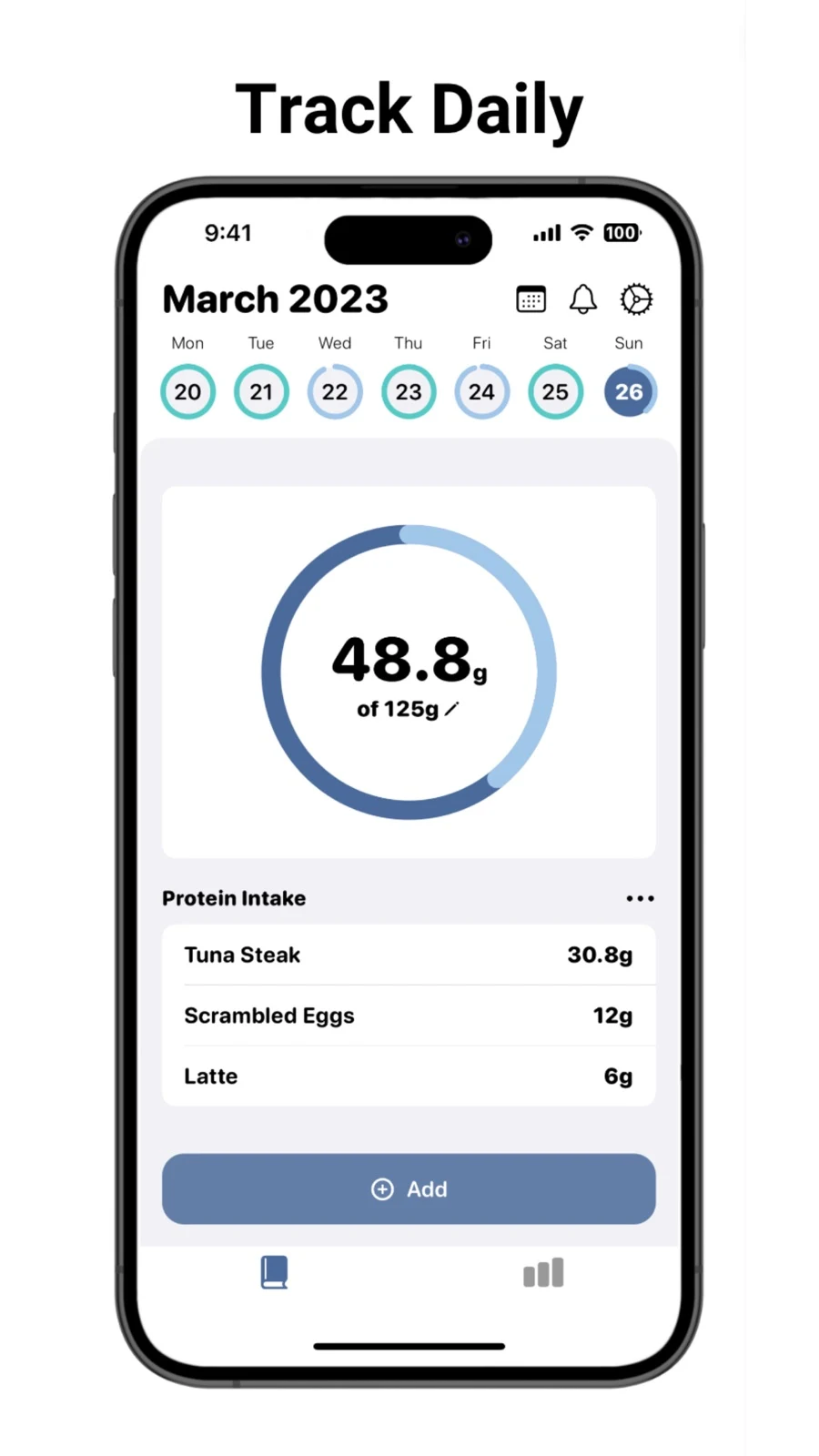 Protein Pal developer artwork with a daily protein progress ring and intake entries